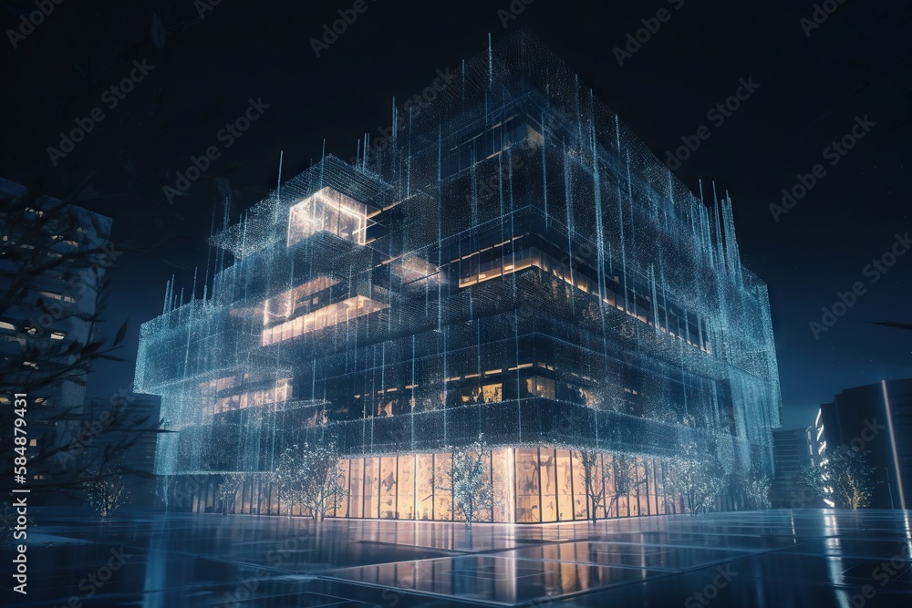 Poster a building with a lot of windows and lights on it at night office building video art architectural d