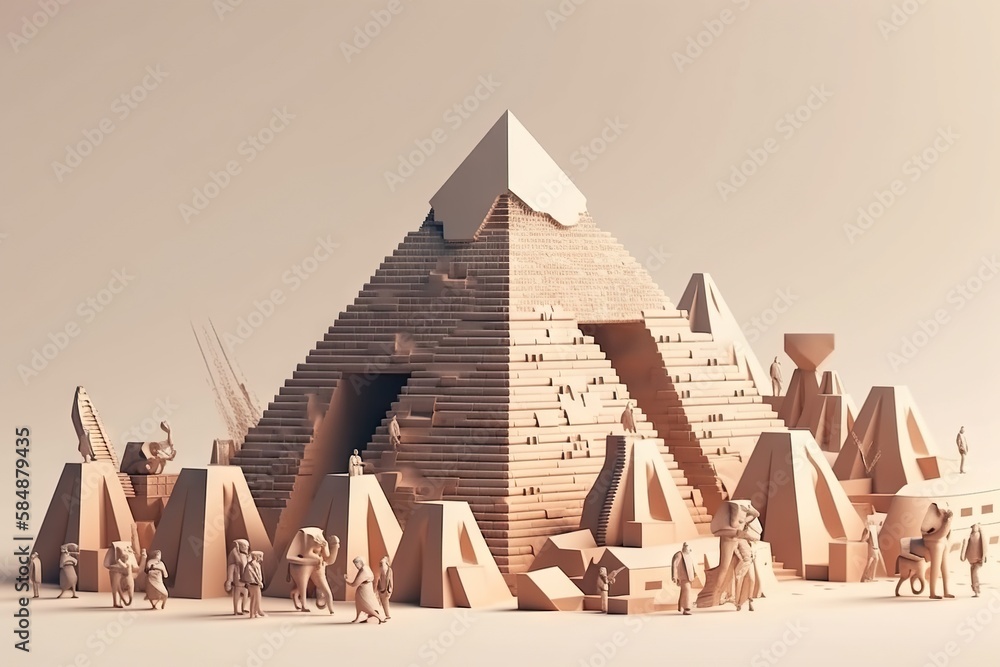 Poster a group of people standing in front of a pyramid shaped structure desert animation motion graphics g