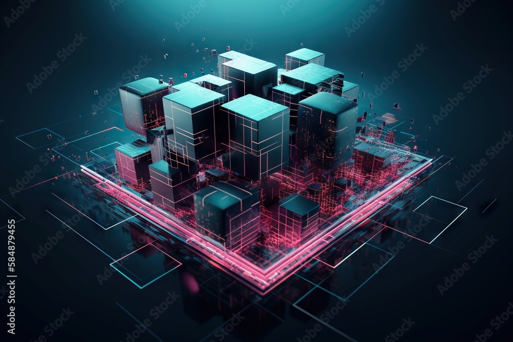 Poster a group of cubes with neon lights on them in the middle of a dark background factory video art suppl