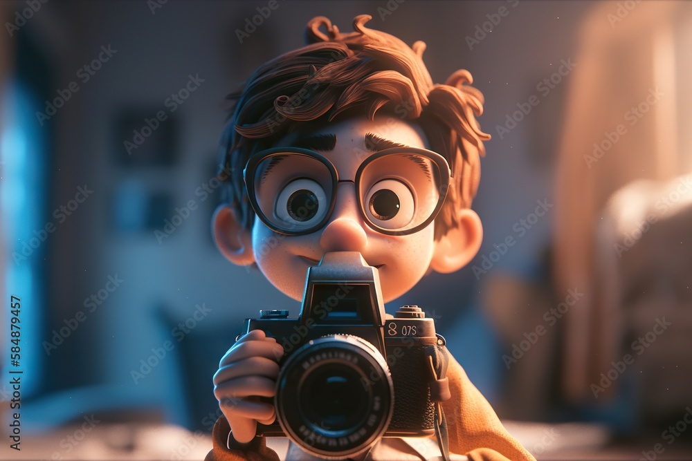 Poster a boy with glasses holding a camera in front of him with a surprised look on his face volcano animat