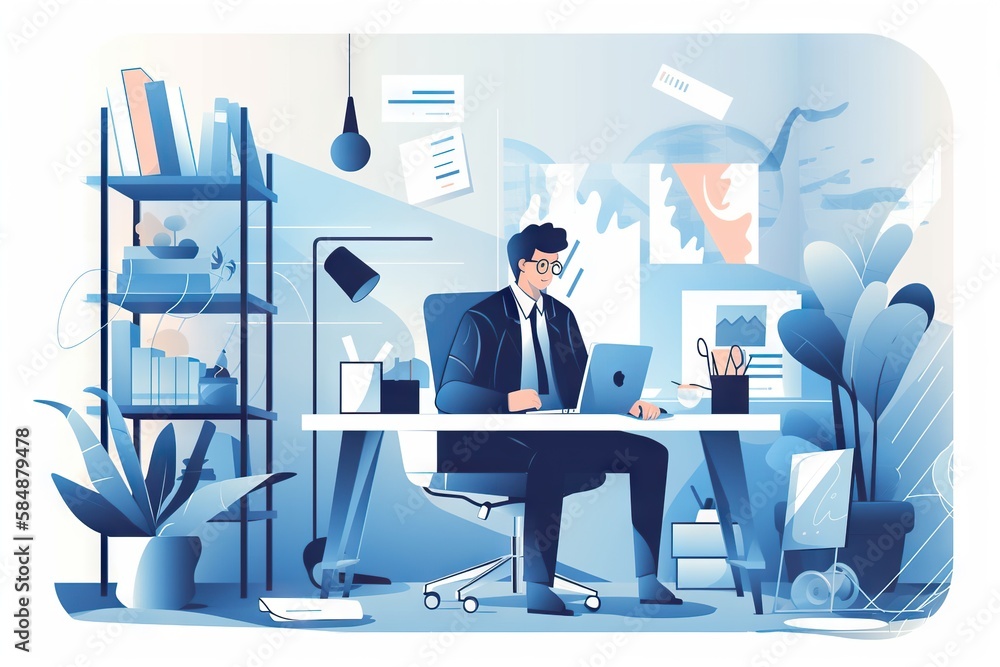 Poster a man sitting at a desk with a laptop computer in front of him workshop graphic design infographic d