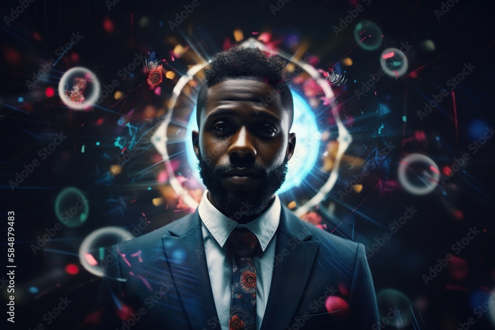 Poster a man in a suit and tie with a background of circles law office graphic design motion graphics gener