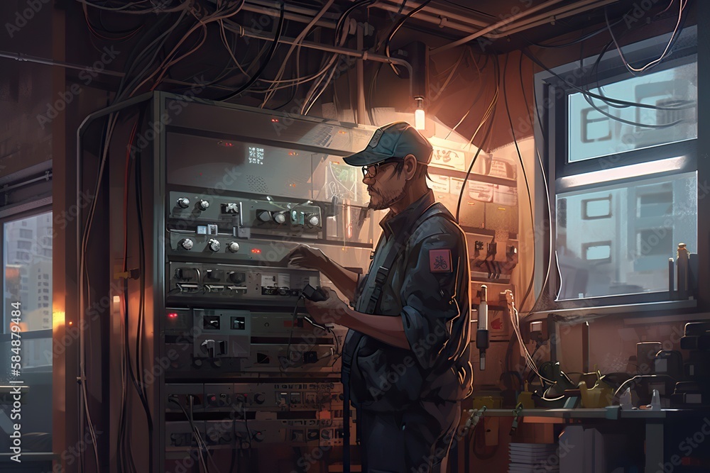 Poster a man is working on a machine in a room with wires factory animation plant maintenance generative ai