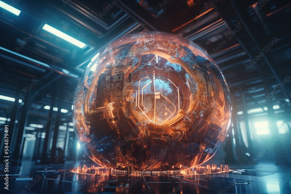 Poster a futuristic sphere with a clock inside of it in a dark room factory animation motion graphics gener
