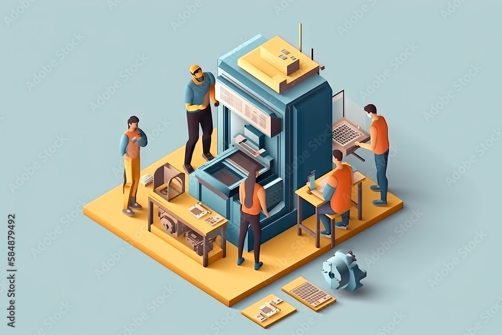 Poster a group of people working on a machine in a factory with a man standing next to it workshop paper cu