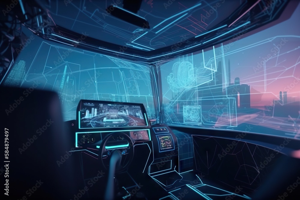 Aufkleber a futuristic car with a large screen on the wall and a city in the background conference room animat