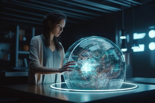 A Woman Standing In Front Of A Large Object In A Dark Room Aquarium Animation Data Analytics