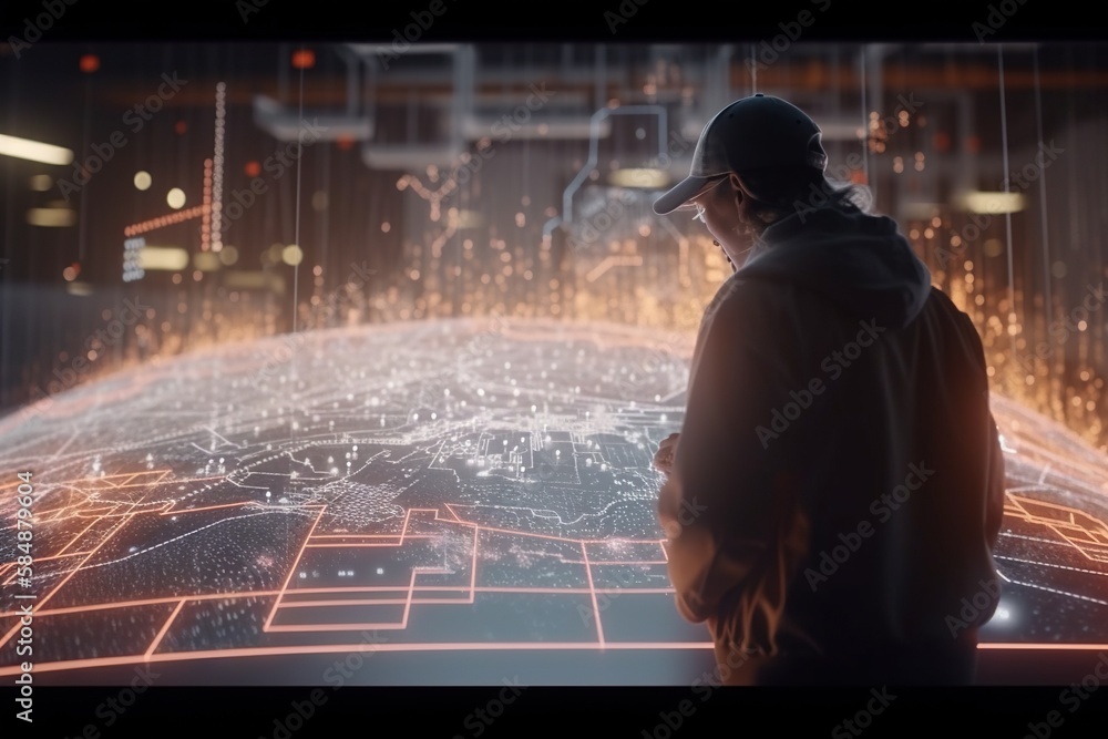 Poster a man in a hat looking at a computer screen with a lot of data military base animation data analytic