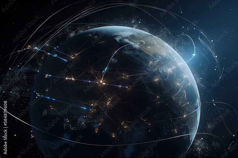 Poster a globe with a network of lights on it and a dark background deep sea trench panoramic photography s