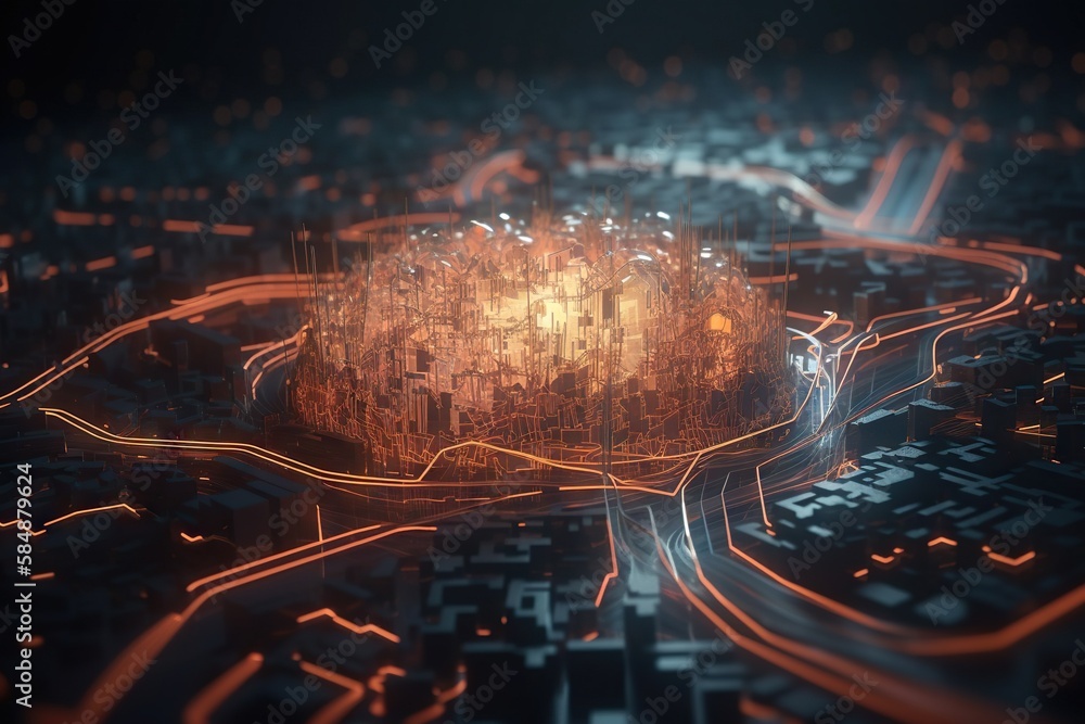 Poster a large round object is shown in a city at night time modern urban skyline animation motion graphics