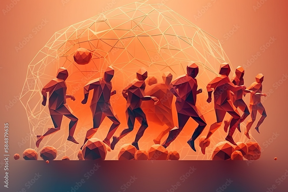 Poster a group of people running across a field with a ball in the background stadium animation motion grap