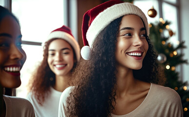 Fototapeta premium three young adult women at christmas at home, smiling. Generative AI