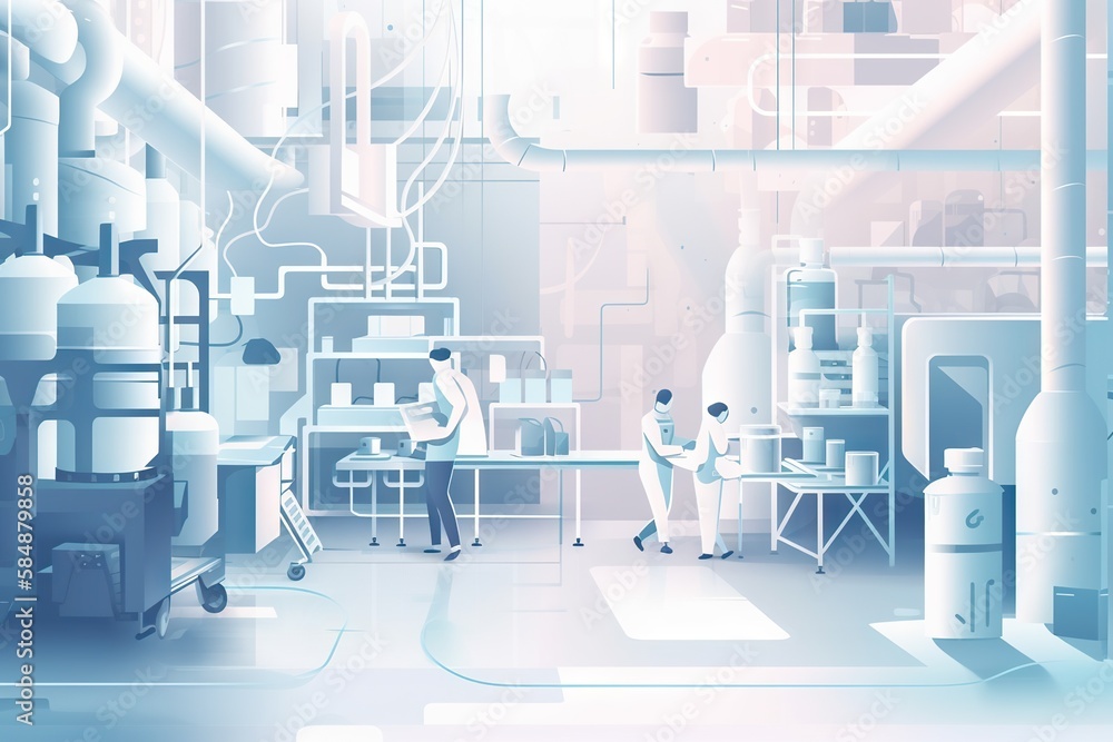 Poster a couple of people are working in a factory with pipes and machinery factory animation manufacturing