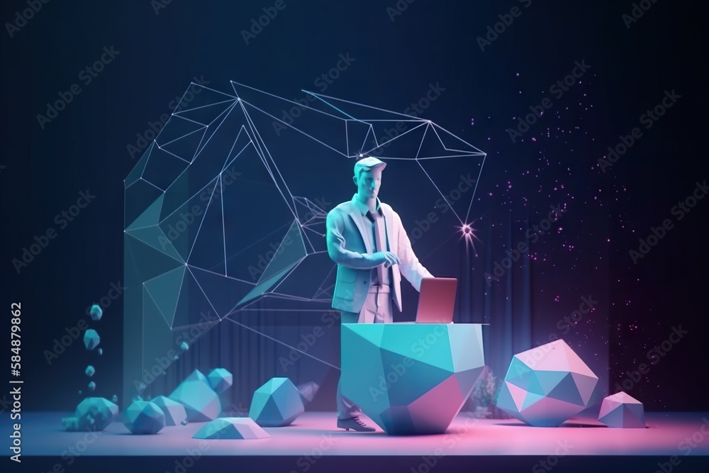 Poster a man standing in front of a podium with a laptop on it lunar landscape animation motion graphics ge