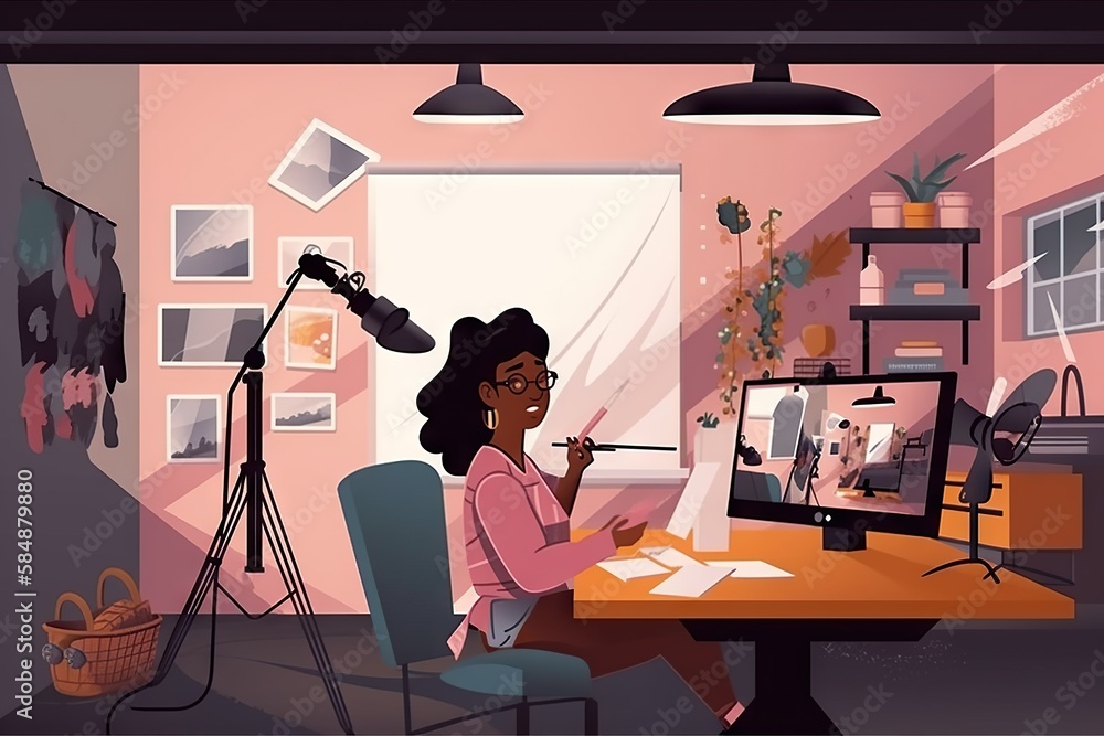 Poster a woman sitting at a desk with a computer and a camera workshop animation set design generative ai