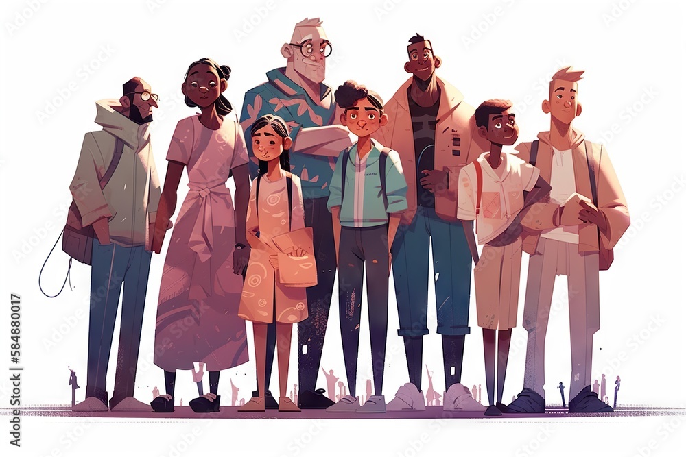 Poster a group of people standing next to each other in front of a white background bus station animation a