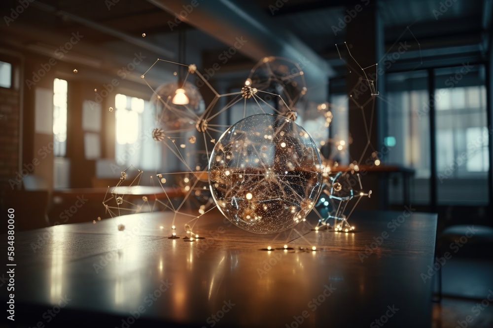 Poster a table with a sphere on it and lights on it in the middle workshop animation supply chain optimizat
