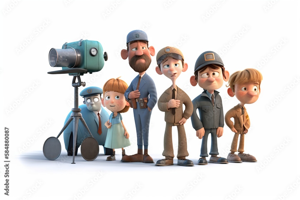 Poster a group of cartoon characters standing next to each other with a camera factory animation animation 