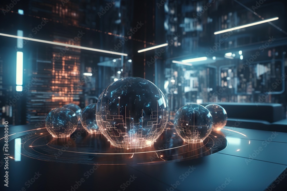 Poster a futuristic city with glowing lights and a sphere in the middle factory animation motion graphics