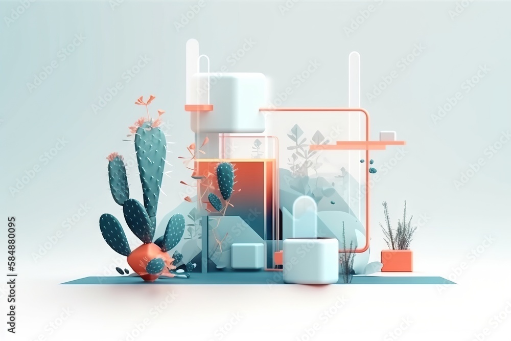 Poster a cactus and some other objects on a table with a blue background desert animation motion graphics g