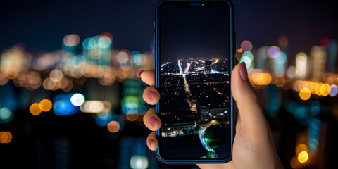 Woman hand taking photo of the bokeh night city with a smartphone from the roof of a skyscraper....