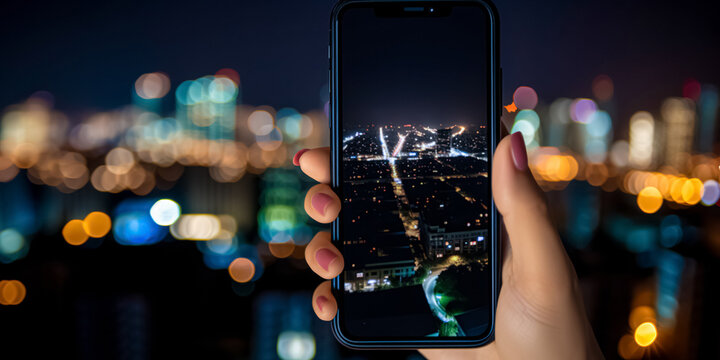 Woman hand taking photo of the bokeh night city with a smartphone from the roof of a skyscraper. Cell phone. Mobility and modern lifestyle concept. 