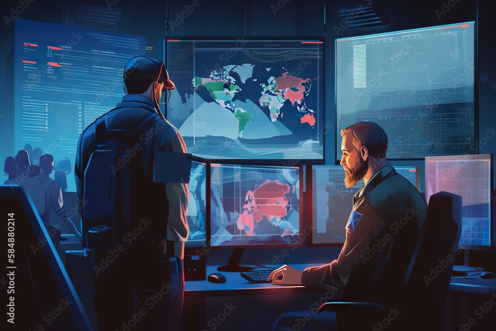 Poster two men in a dark room looking at a computer screen with a map on it military base animation cyberse