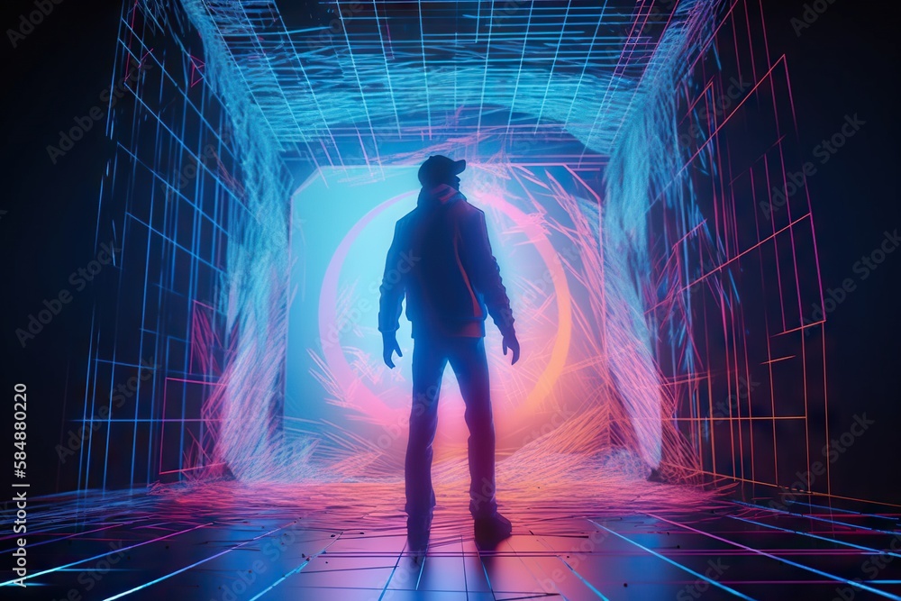 Poster a man standing in a tunnel with neon lights in the background arcade animation virtual reality