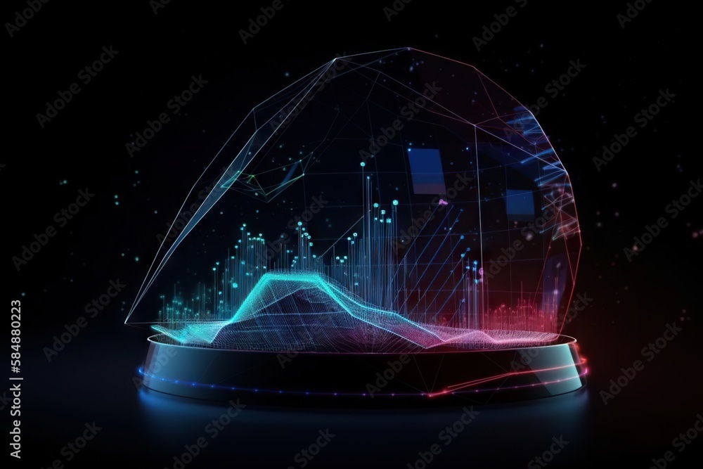 Poster a futuristic glass dome with a colorful line on it and a dark background aquarium kinetic art data a