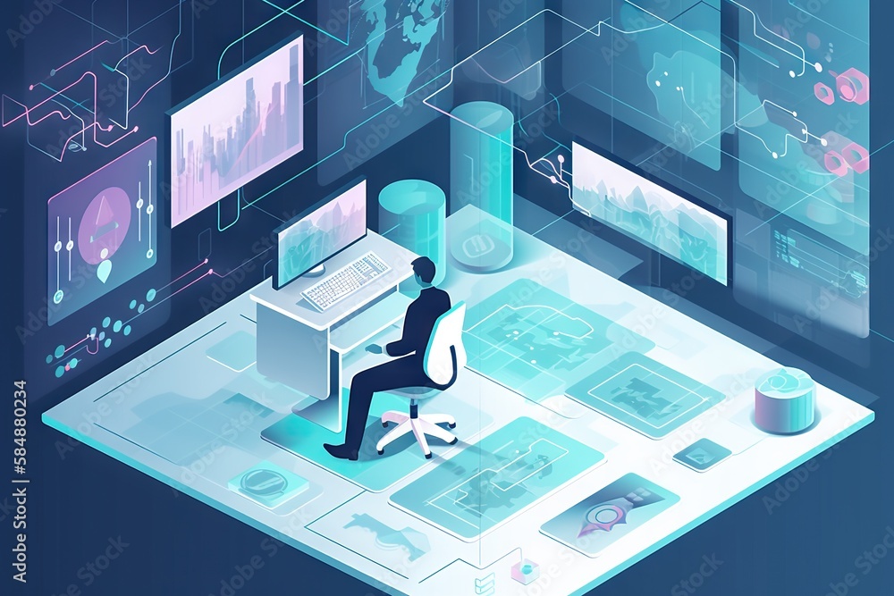 Poster a man sitting at a desk in front of a computer monitor workshop graphic design infographic design ge