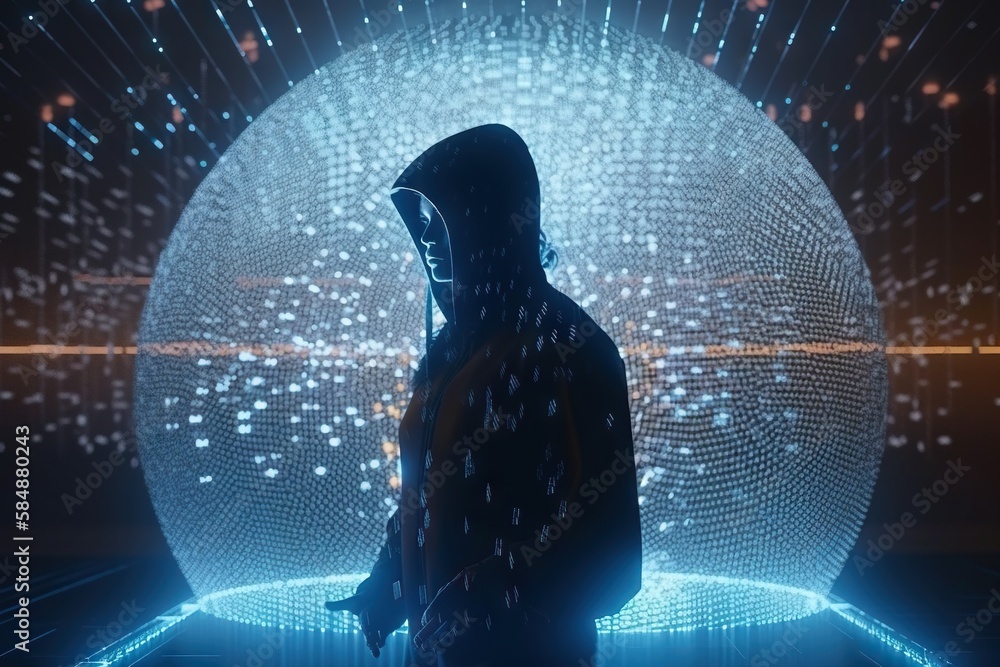 Poster a person standing in front of a large ball with lights on it nightclub video art motion graphics gen