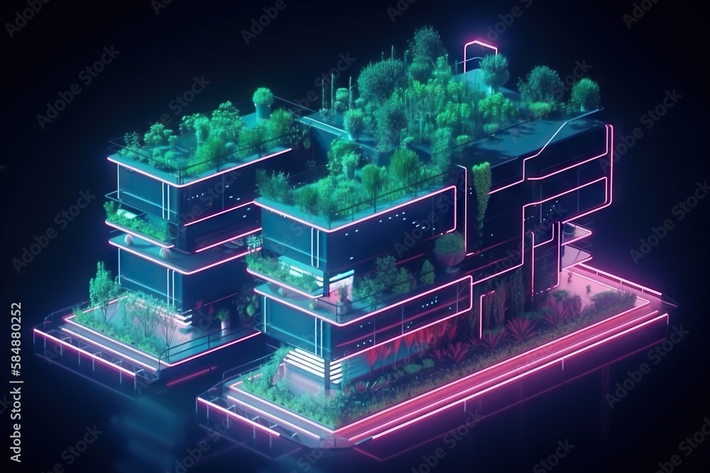 Poster a futuristic building with trees and bushes on top of it in the dark garden environmental art motion