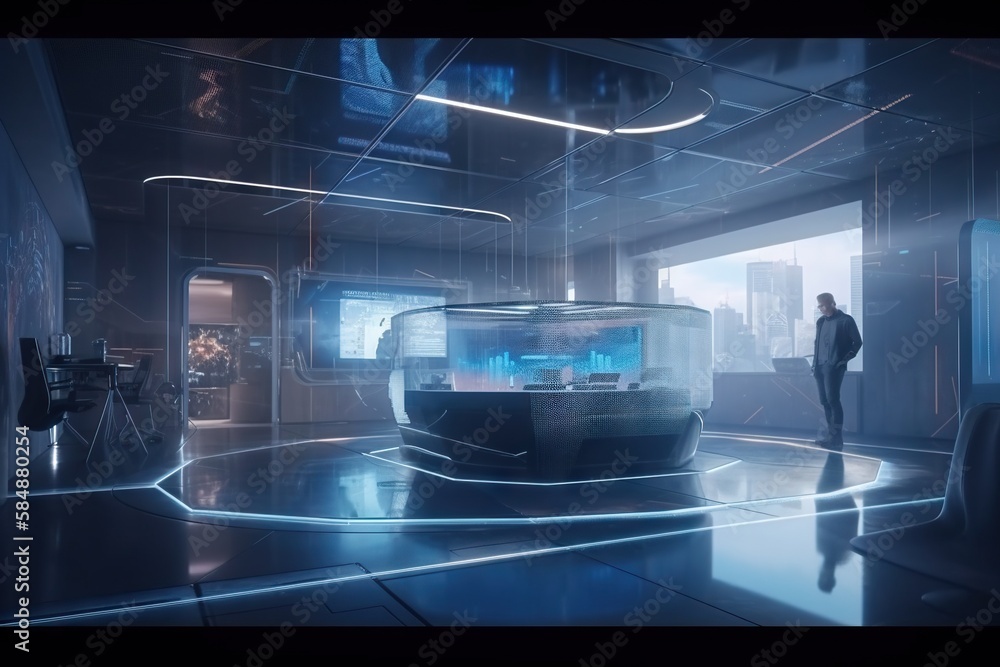 Poster a man standing in a futuristic looking room with a futuristic looking area conference room animation