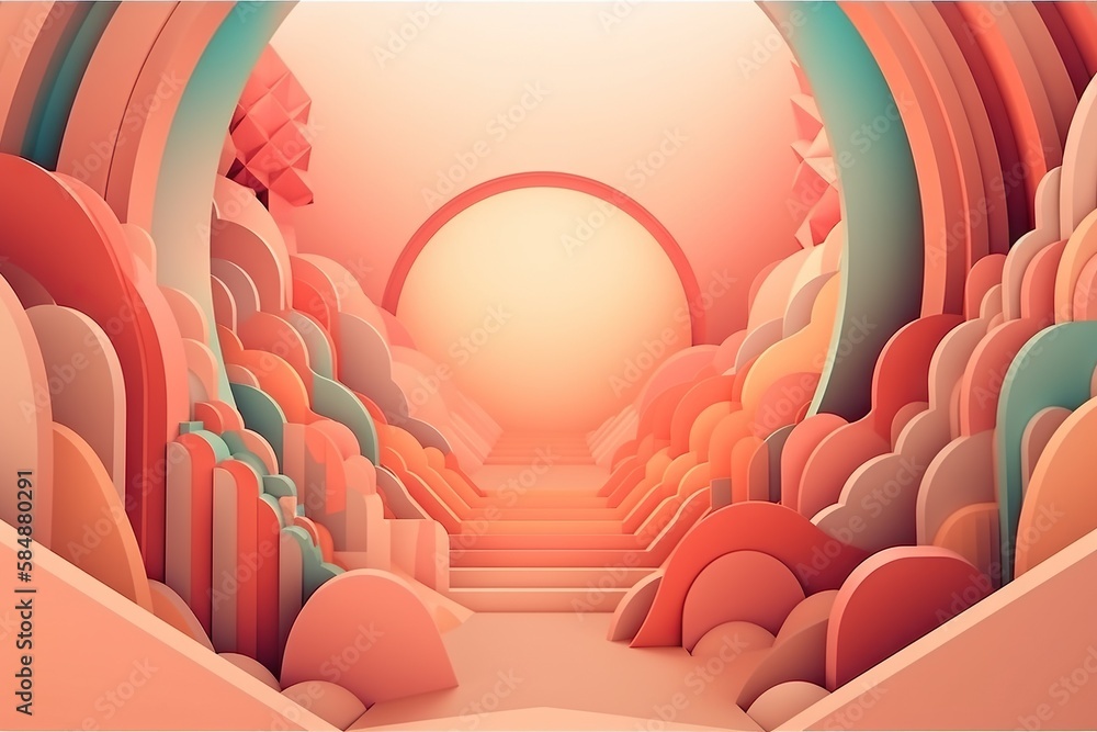 Poster a very colorful and abstract illustration of a tunnel with a light at the end lunar landscape animat