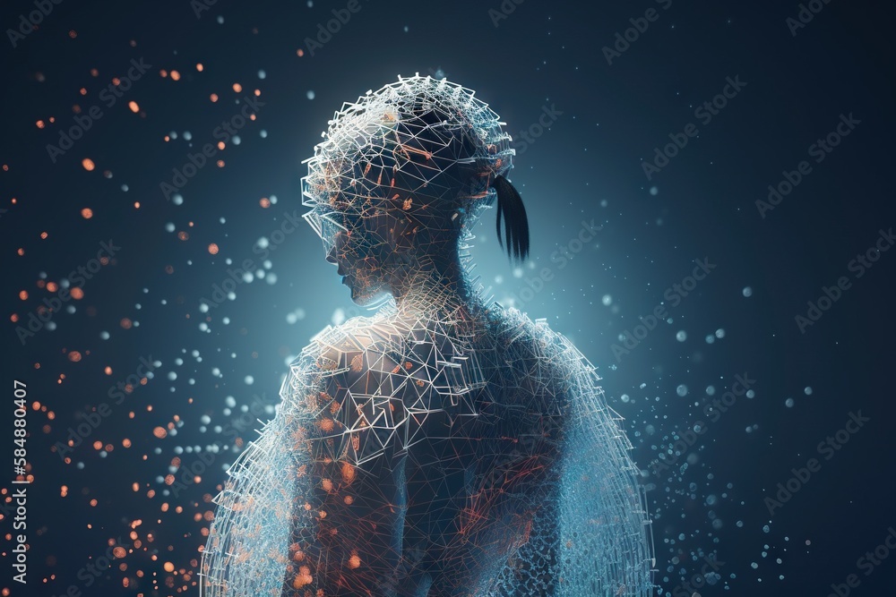 Poster a woman with a ponytail standing in front of a blue background workshop animation natural language p
