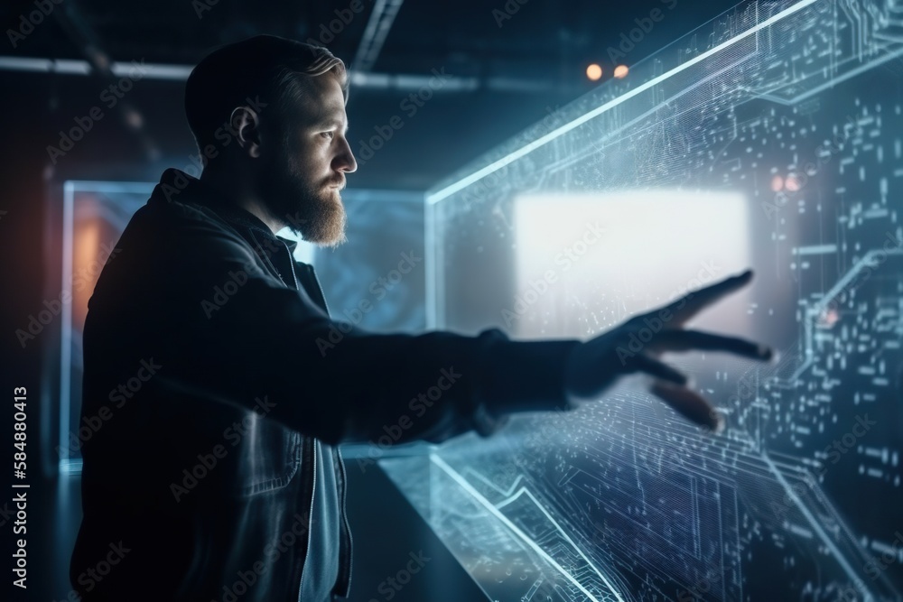 Poster a man pointing at a large screen with a lot of data on it workshop animation augmented reality gener