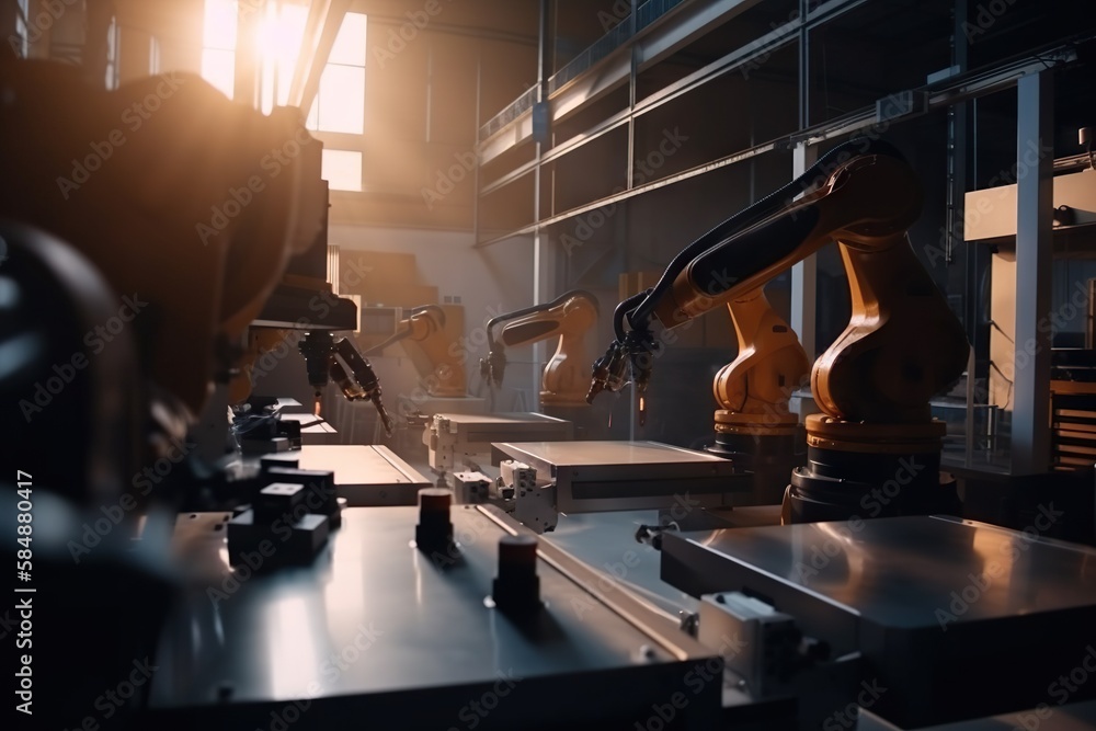 Poster a group of robots working on a piece of machinery in a factory factory animation robotics engineerin