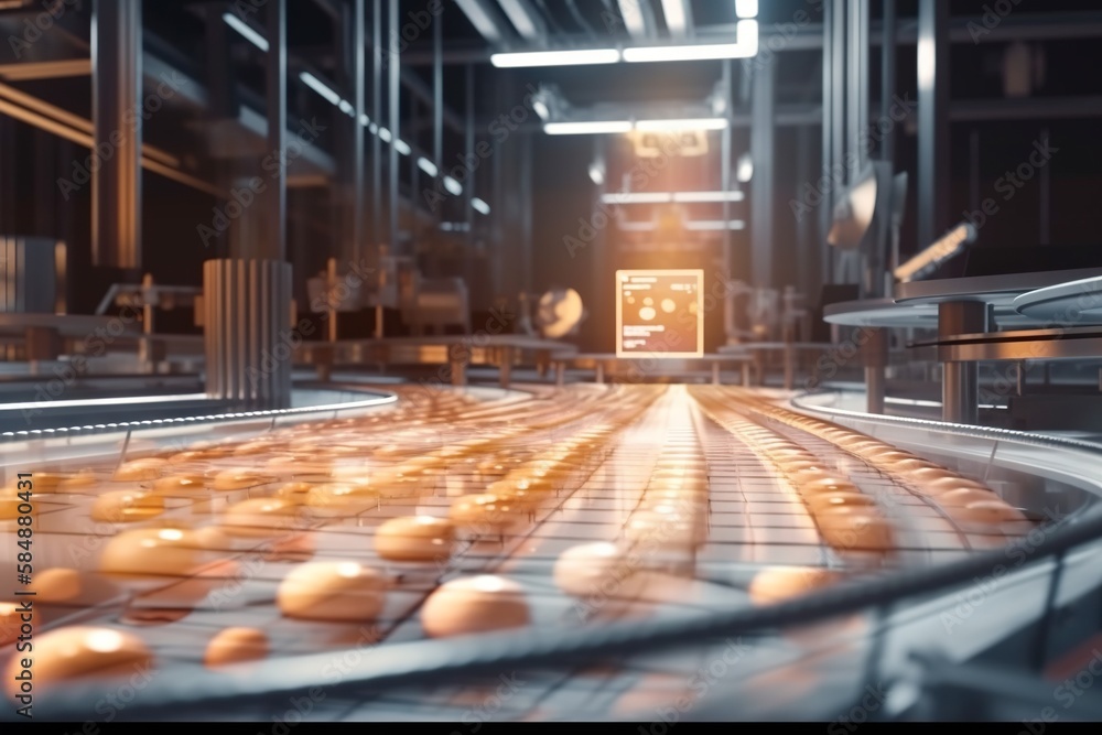 Poster a conveyor belt with donuts moving along it in a factory factory animation motion graphics generativ