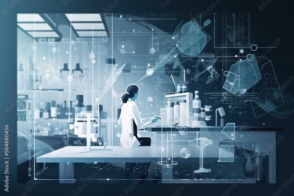 Aufkleber a woman in a lab coat is looking at a computer screen factory animation manufacturing planning and c
