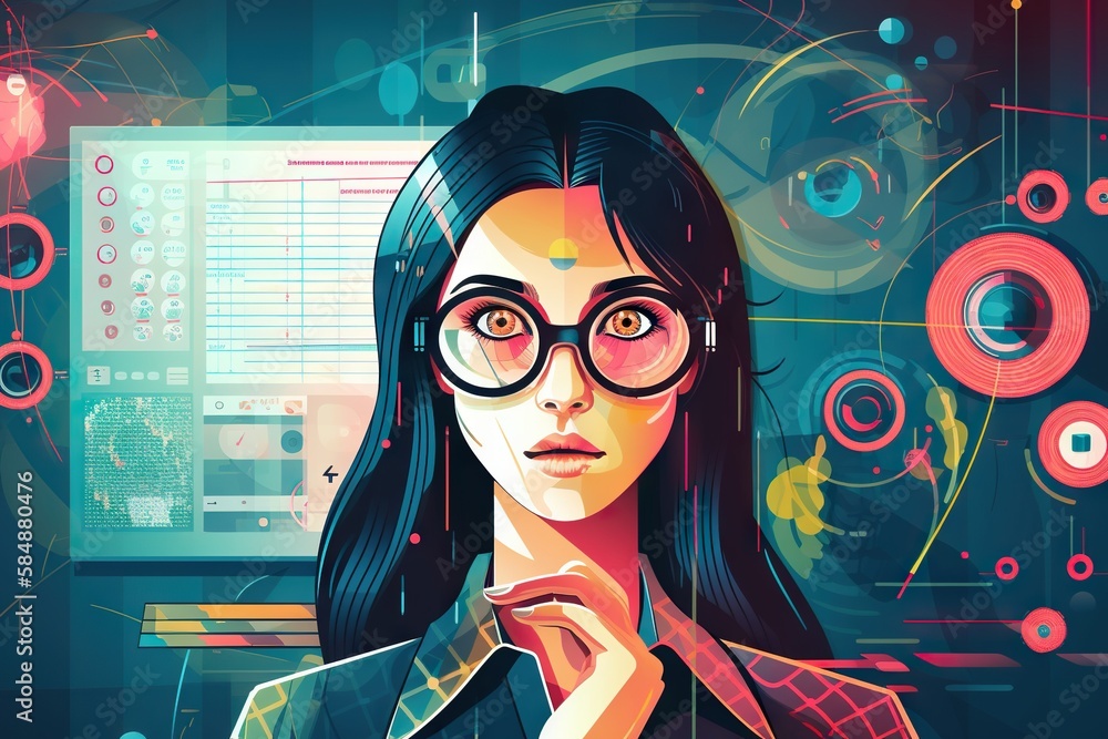 Poster a woman with glasses looking at a computer screen with a lot of circles around her workshop graphic 