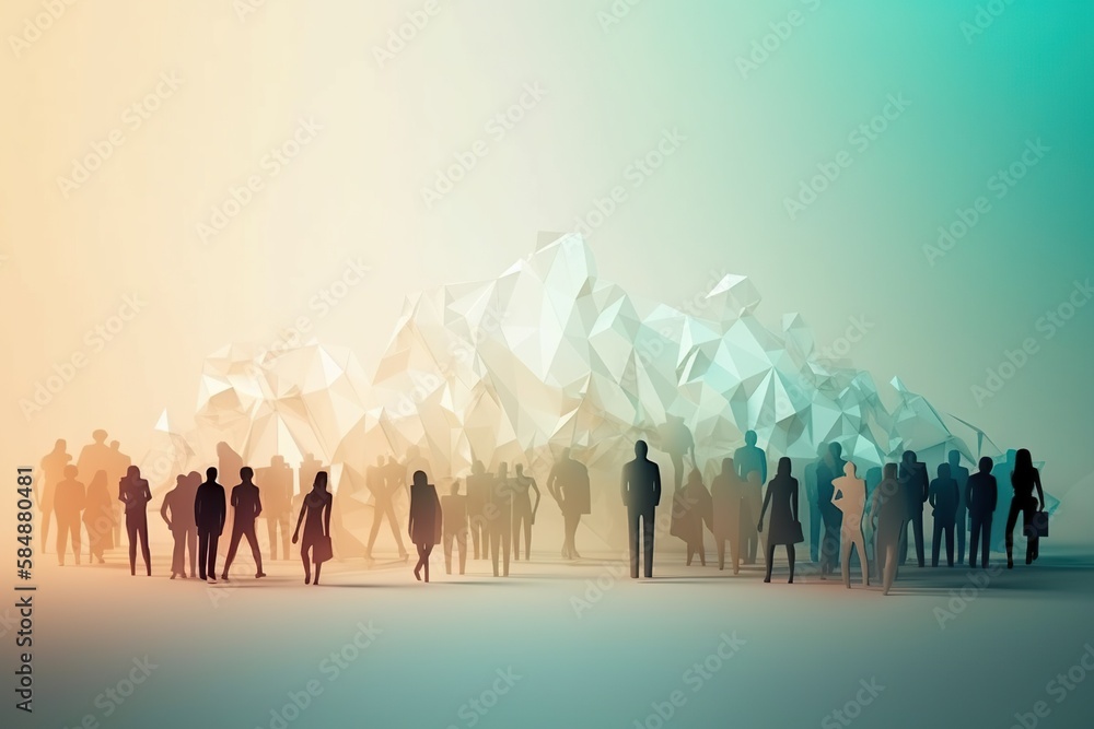 Poster a group of people standing in front of a mountain range with a sky background factory graphic design