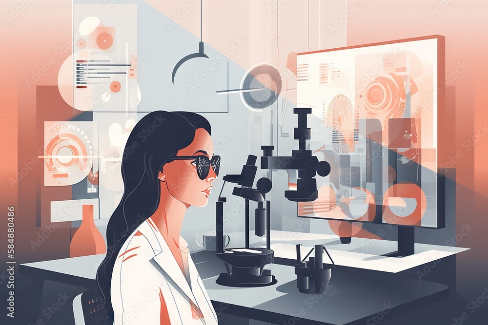 Poster a woman looking at a computer screen with a microscope in front of her workshop graphic design print