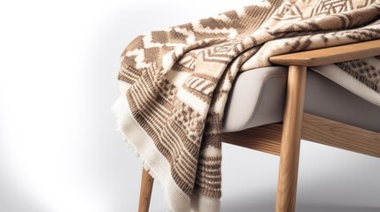 A cozy, woven throw blanket with a modern geometric pattern, folded neatly and resting on a sleek wooden bench, evoking warmth and comfort. Isolated on a White Background, generative ai