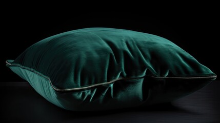 A luxurious velvet cushion in rich emerald green, softly illuminated to reveal its plush texture. Isolated on a Black Background. generative ai