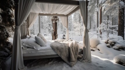 A luxurious white canopy bed adorned with plush pillows and faux fur throws, positioned in the midst of a snow-covered pine forest. generative ai