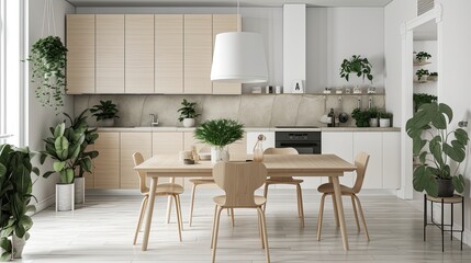 A minimal Scandinavian-inspired kitchen with white cabinetry, a light wood dining table and chairs, and a large green indoor plant. generative ai