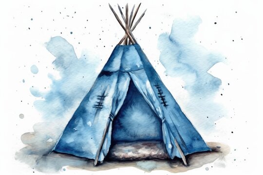Pillowed watercolor blue wigwam. Hand drawn artwork isolated on white. Generative AI