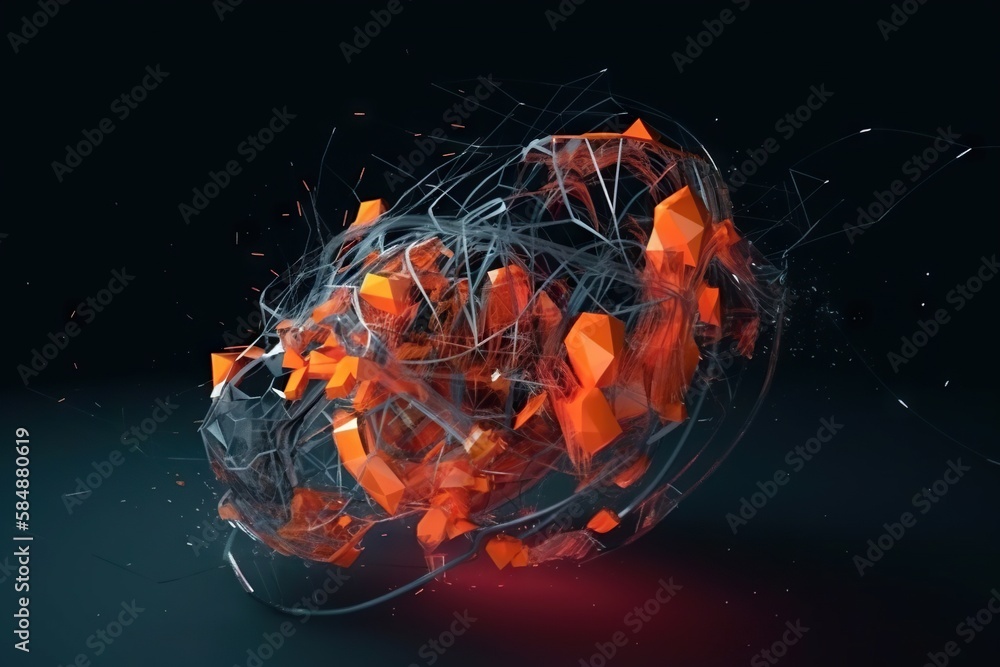 Poster a computer generated image of a sphere with orange and black shapes deep sea trench video art motion