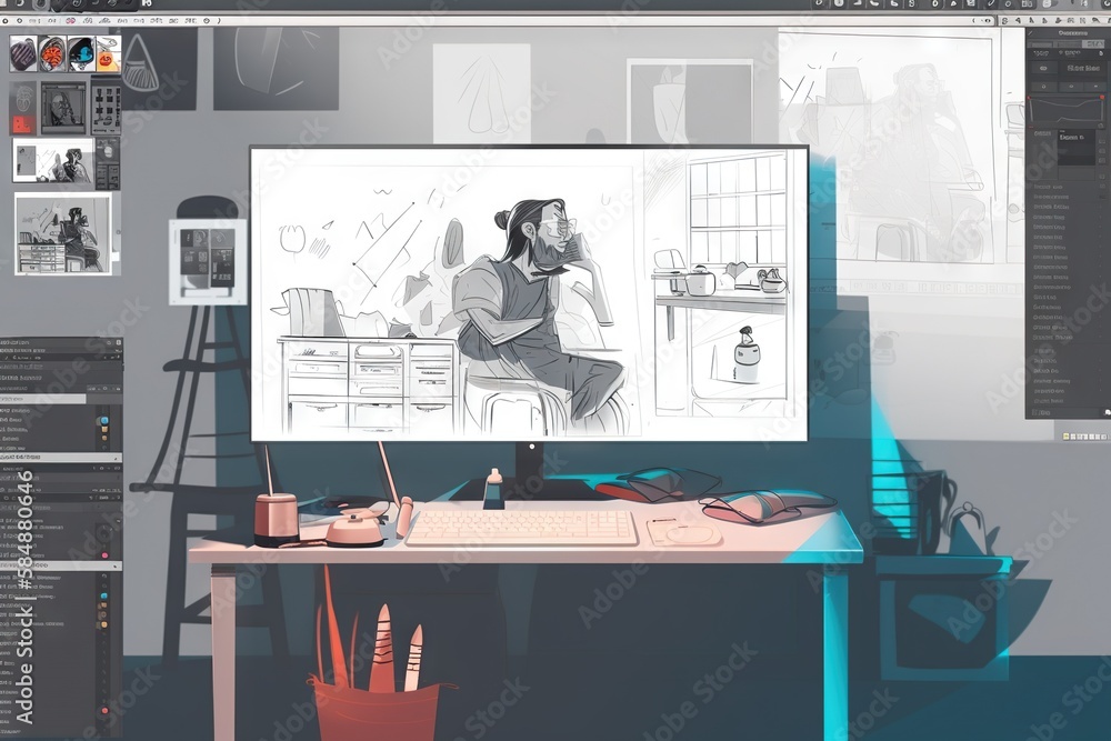 Poster a computer screen with a drawing of a man sitting at a desk workshop animation workplace