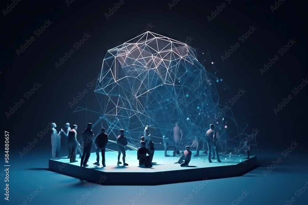Poster a group of people standing on a stage with a large structure in the background science museum video 